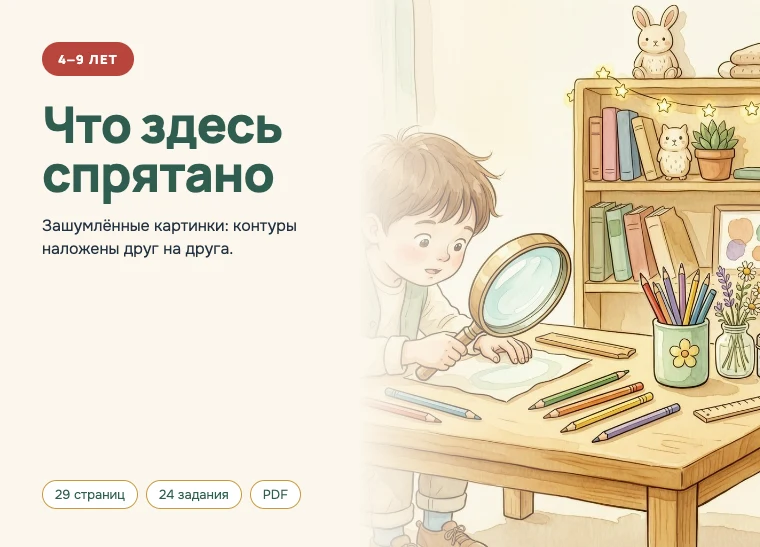 Обложка комплекта «Что здесь спрятано», 4–9 лет: Проба Поппельрейтера: контуры предметов наложены друг на друга.