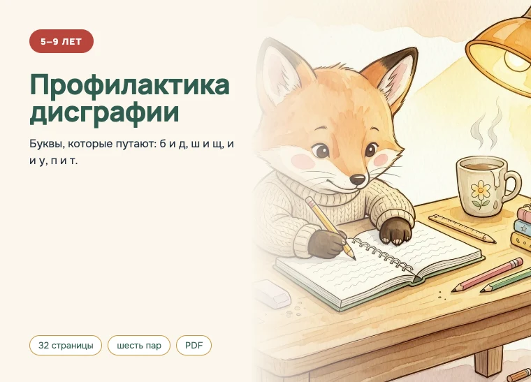 Обложка комплекта «Профилактика дисграфии», 5–9 лет: Шесть спорных пар: б и д, ш и щ, и и у, п и т, з и э, ц и щ.