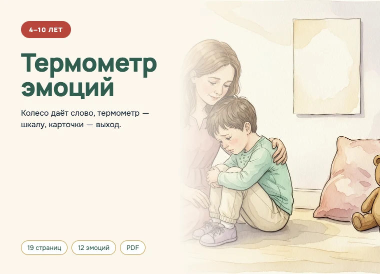 Обложка комплекта «Термометр эмоций», 4–10 лет: Колесо даёт слово, термометр — шкалу, карточки — выход.