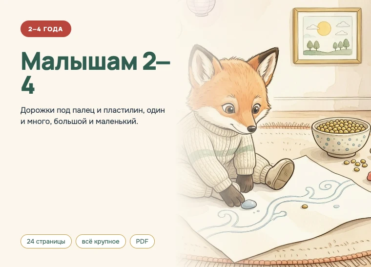 Обложка комплекта «Малышам 2–4», 2–4 года: Дорожки под палец и пластилин, один и много, большой и маленький.