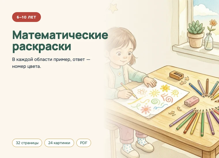 Обложка комплекта «Математические раскраски», 6–10 лет: В каждой области пример, ответ — номер цвета.