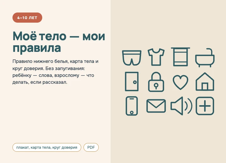Обложка комплекта «Моё тело — мои правила», 4–10 лет: Правило нижнего белья, карта тела и круг доверия. Без запугивания: ребёнку — слова, взрослому — что делать, если рассказал.