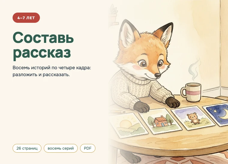 Обложка комплекта «Составь рассказ», 4–7 лет: Восемь историй по четыре кадра: разложить и рассказать.