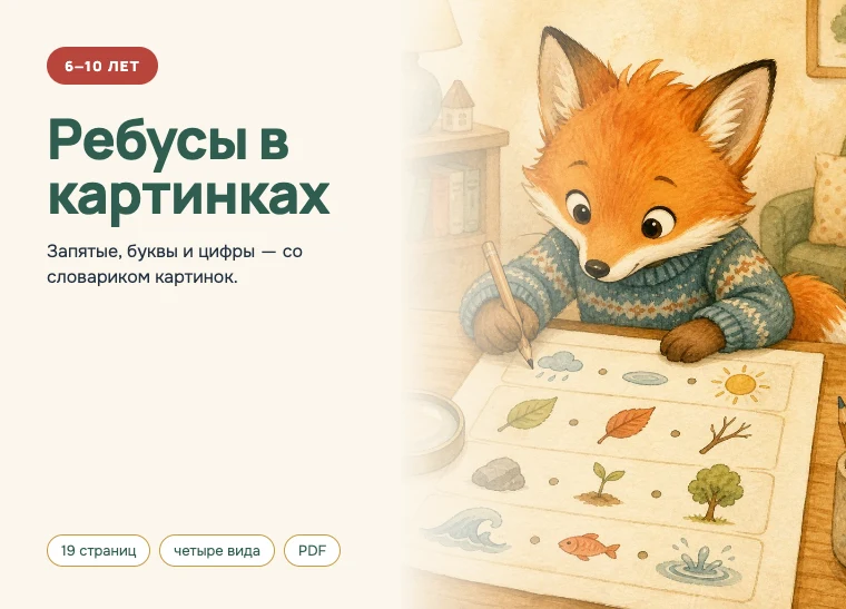 Обложка комплекта «Ребусы в картинках», 6–10 лет