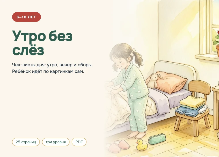 Обложка комплекта «Утро без слёз», 3–10 лет: Утро, вечер и сборы по картинкам — в трёх уровнях сложности.
